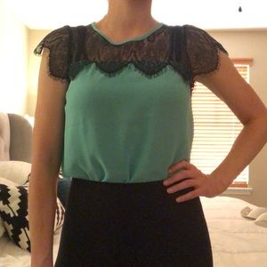 🌟Teal Sheer Top with Black Lace Detail